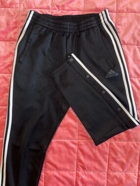 Adidas Black Snap-Open Track Pants with White Stripes - Tear aways